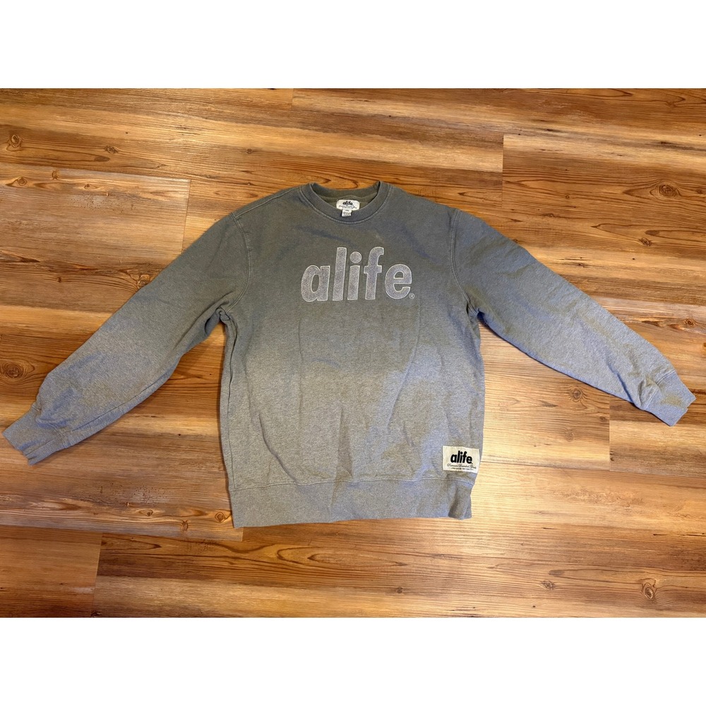Alife NYC Mens Large Gray Crewneck Sweatshirt Chenille Logo Streetwear Cotton